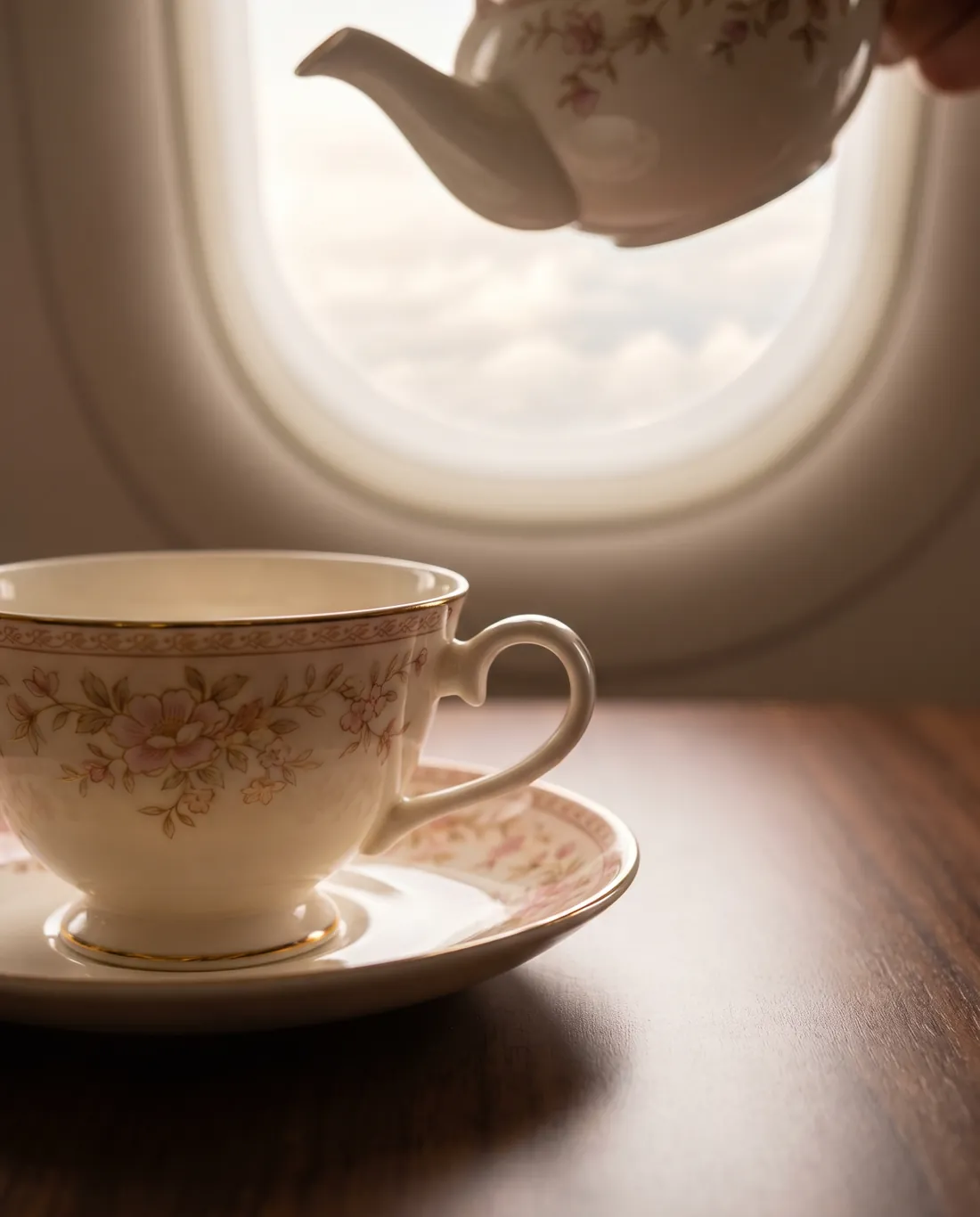 An empty floral teacup by the window