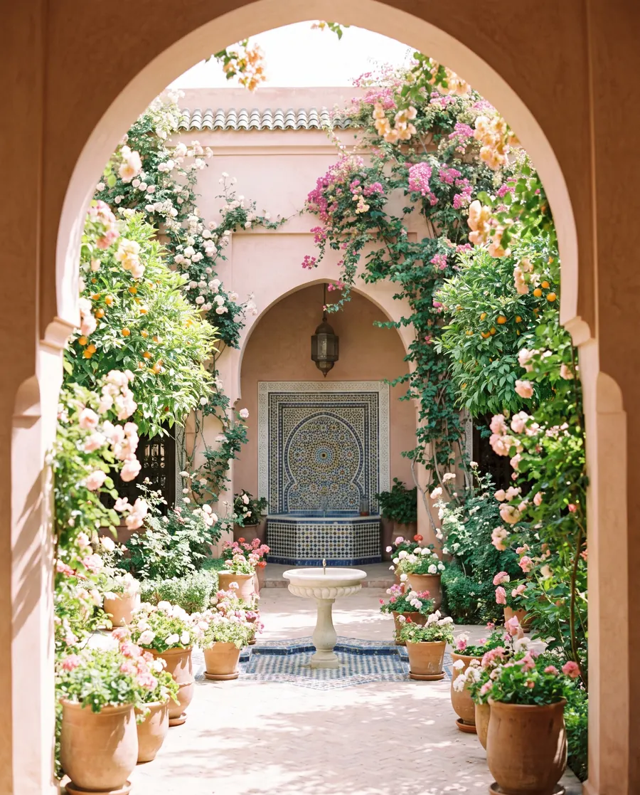 A riad garden with roses in Marrakech