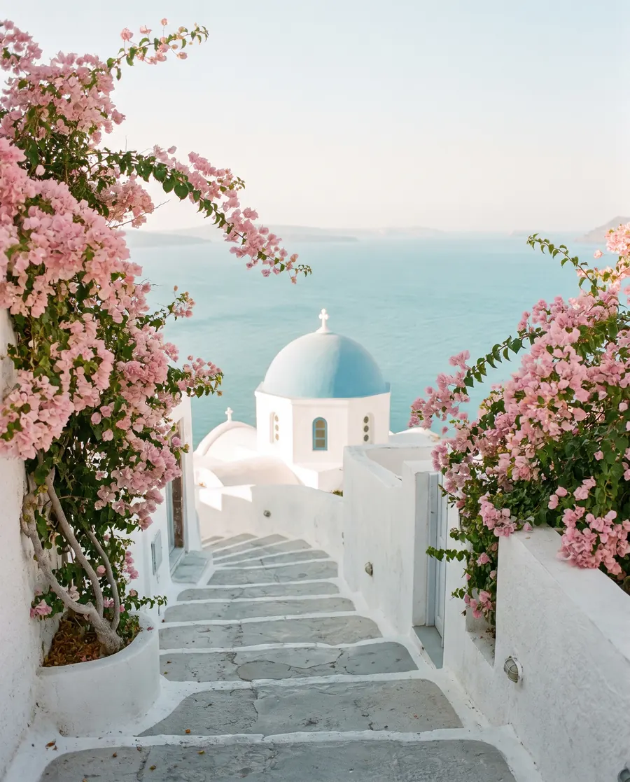 Bougainvillea on a white Santorini stairway
