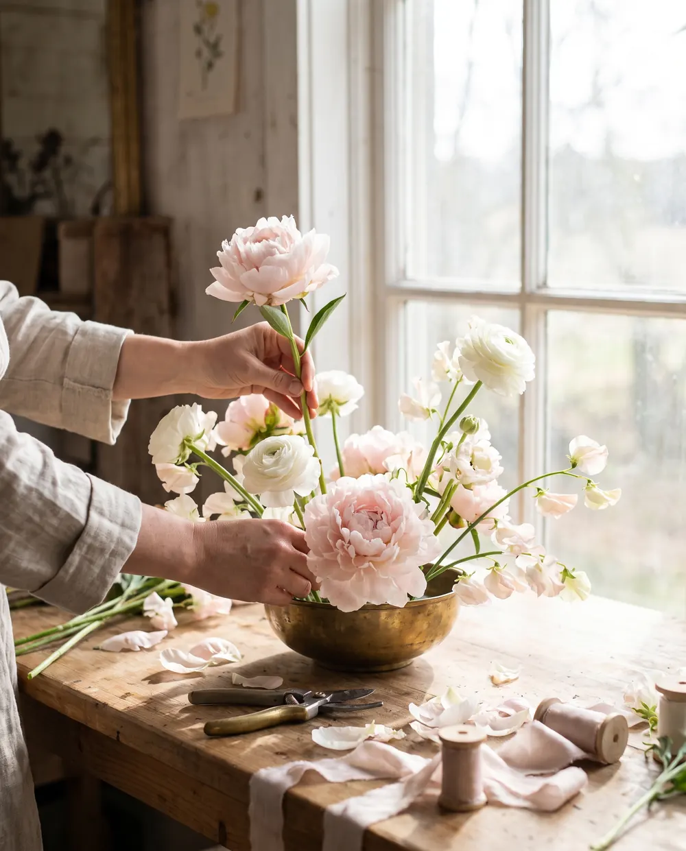A florist arranging peonies