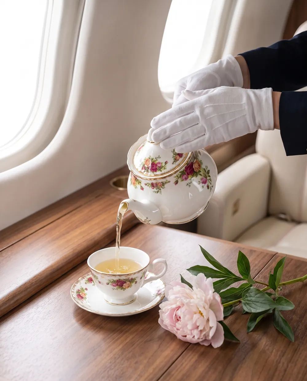 A cabin host pouring jasmine tea